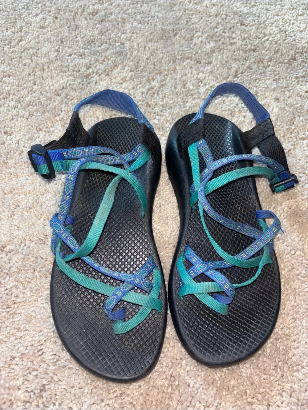 Chaco Z2 Classic Double Strap Toe Loop Hiking Sandals Blue Teal Geometric 10